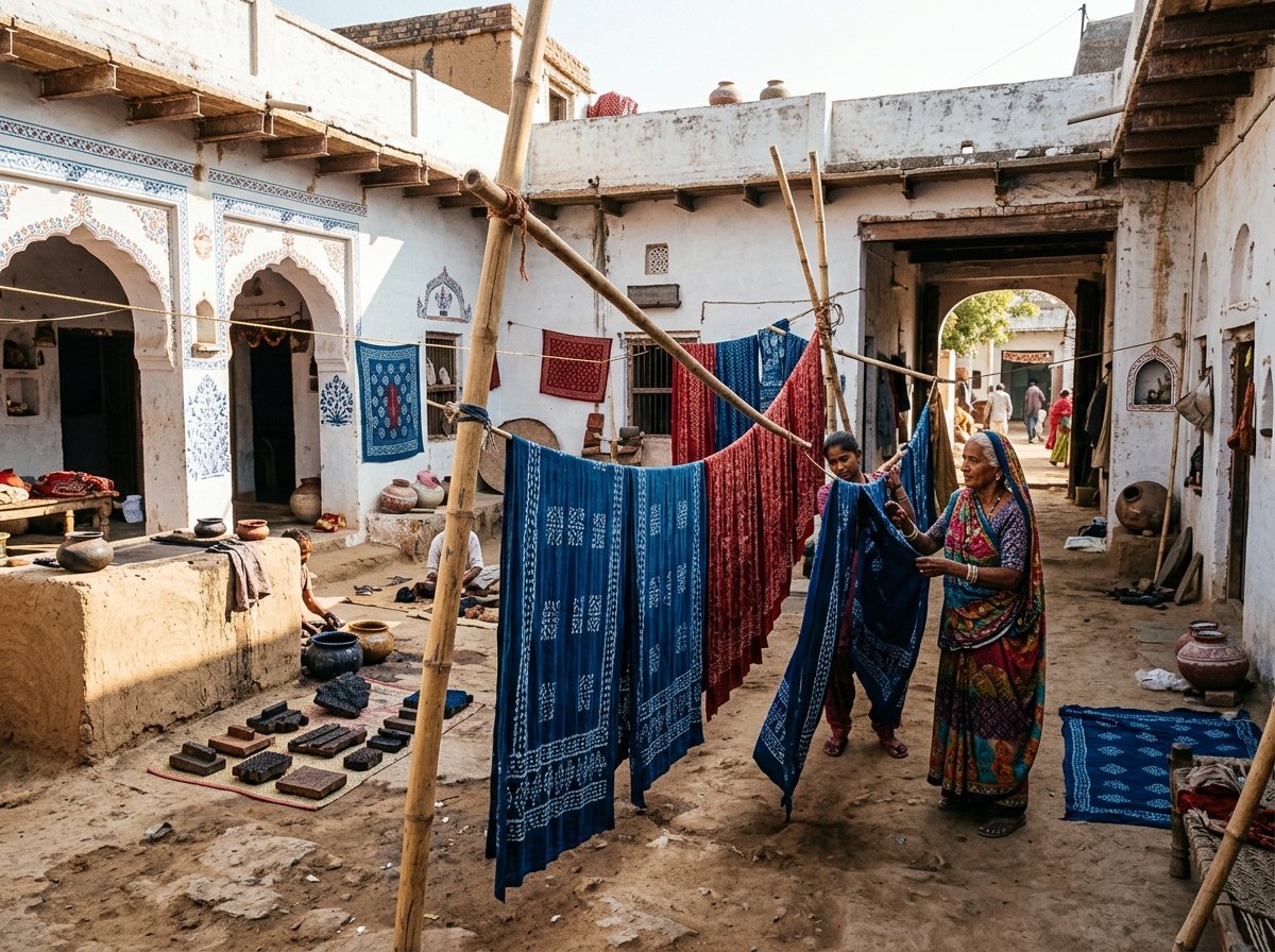 Sunlit artisan village courtyard in Bagru with indigo and madder textiles drying on bamboo poles