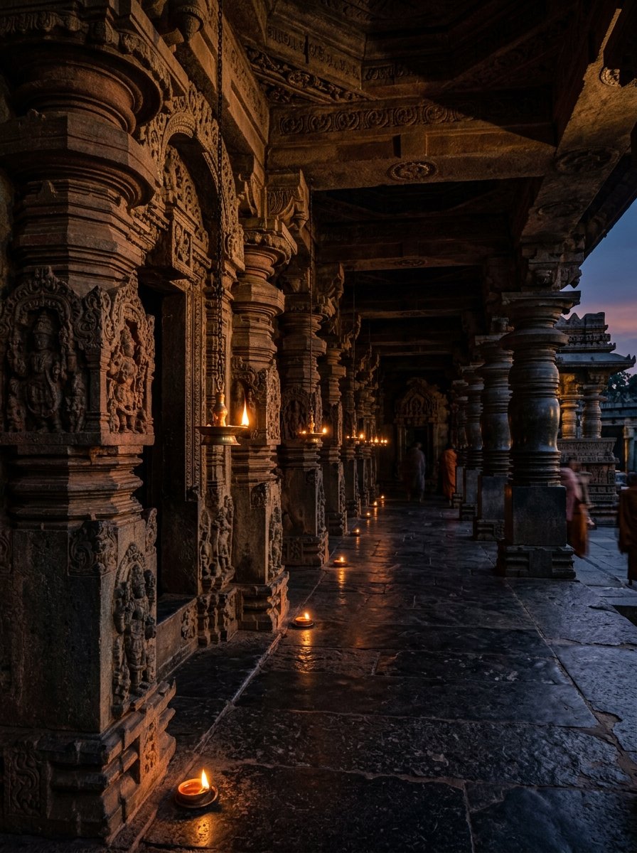 Pillared stone colonnade at dusk with ritual oil lamps