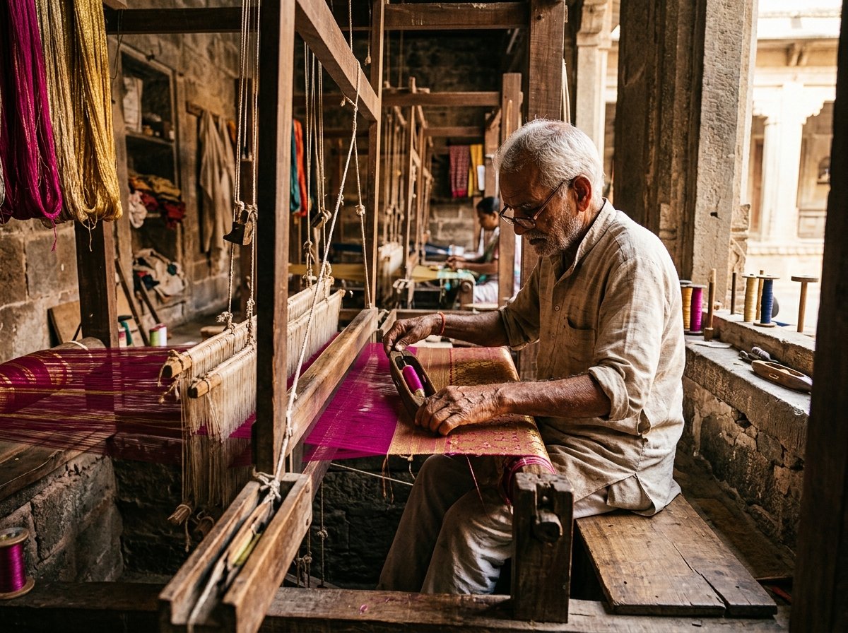 Elderly master Indian weaver sitting at a traditional pit loom working with fine silk and zari threads in Maheshwar