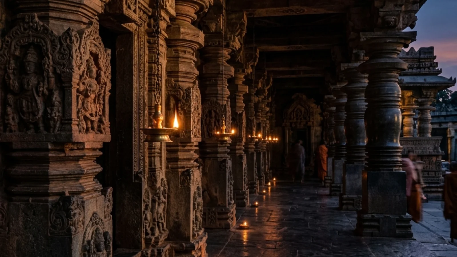 Gathering crowds and traditional brass lamps during temple festival ceremonies in Kerala