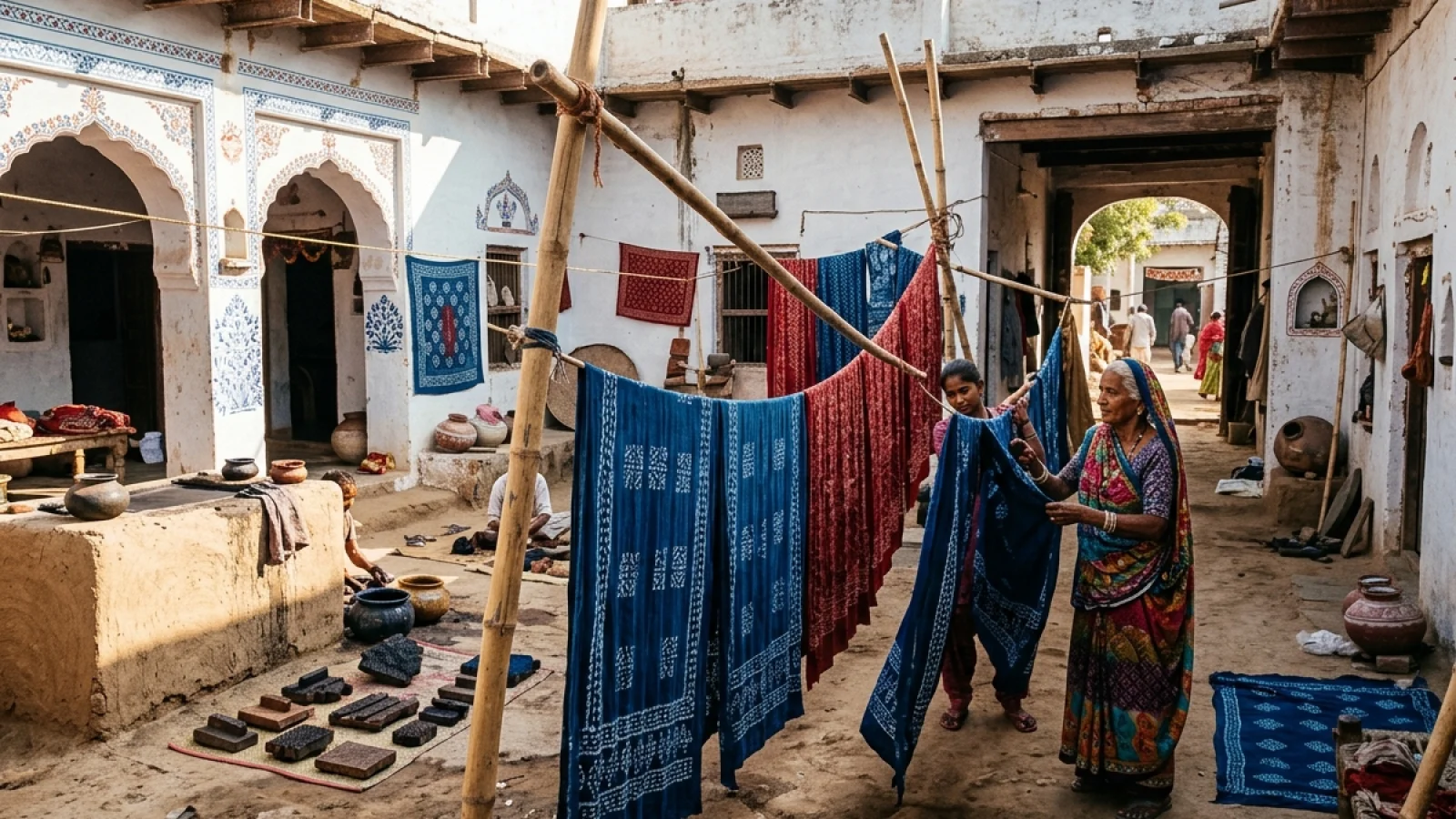 Artisan woodblock printer smoothing natural indigo dyed cotton on a sunlit drying yard in Bagru, Rajasthan