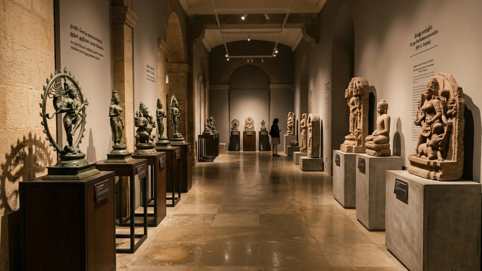 Curated historic Indian silk brocades and Pichwai temple hangings displayed behind preservation glass at the Calico Museum